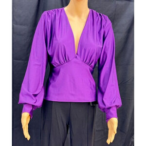 Purple Long neckline in front dress blouse, Silk, long sleeved, size L